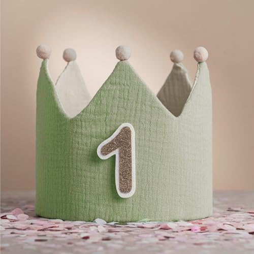 Little Goods Geburtstagskrone für Kinder - wendbare Musselin-Stoffkrone mit austauschbaren Zahlen 0-9 - Krone für Jungen und Mädchen, Pastell - Beige (Grün/Beige) von lg LITTLE GOODS