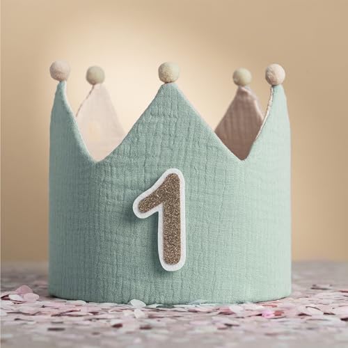 Little Goods Geburtstagskrone für Kinder - wendbare Musselin-Stoffkrone mit austauschbaren Zahlen 0-9 - Krone für Jungen und Mädchen, Pastell - Beige (Hellgrün/Beige) von lg LITTLE GOODS
