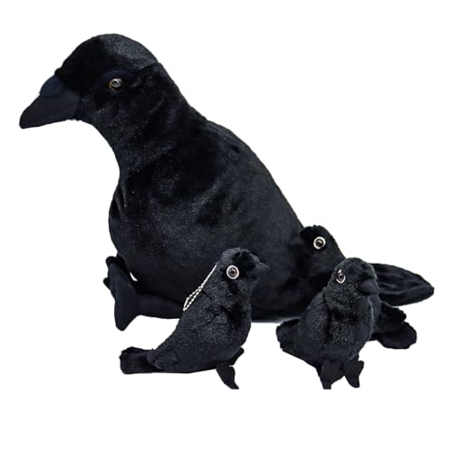 lilizzhoumax Krähe Plüschtier Rabe mit 3 kleinen Simuliertes Tier 4-teiliges weiches Krähe Plüschtier-Spielset Kopfkissen mit Reißverschlüssen, Kawaii Kopfkissen Geschenk für Jungen Mädchen Kinder von lilizzhoumax