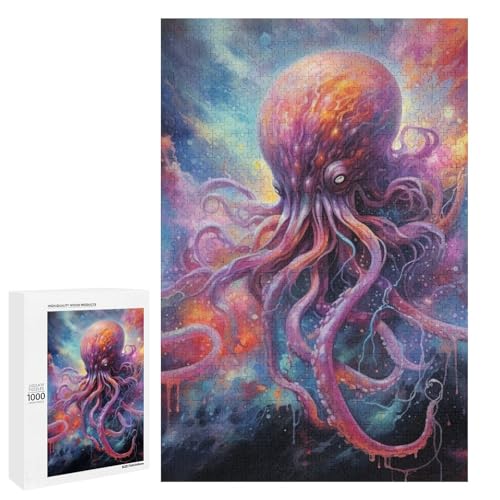 1000 Puzzle Art Aquarell Octopus Holz Rundes Kinderpuzzle Familie Eltern Kind Interaktion (75x50cm) von linghhiming