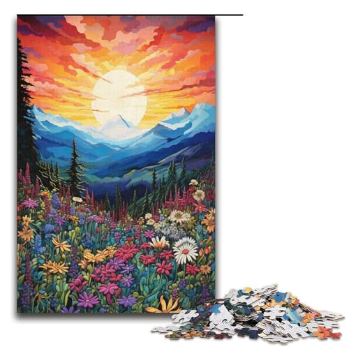 1000 Puzzle Berge und Wildblumen bei Sonnenuntergang Papierpuzzle für Kinder Familien Eltern Kind Interaktion 1000 Teile (38 x 26 cm) von linghhiming