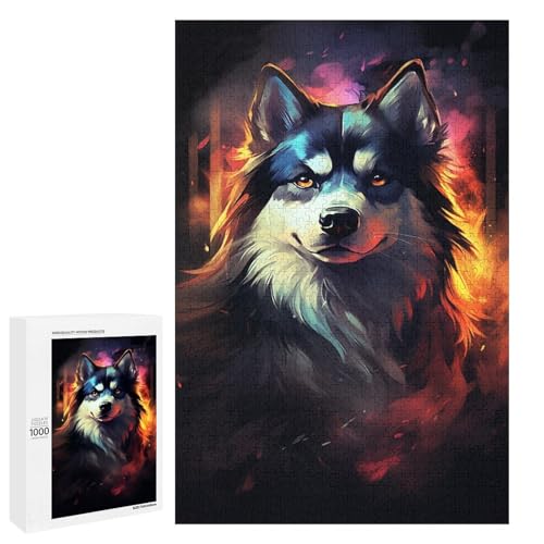 1000 Puzzle Bunter Husky Hund Holz Kinderpuzzle Familie Eltern Kind Interaktion 75x50cm von linghhiming