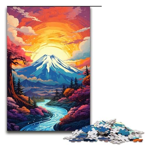 1000 Teile Bunte psychedelische Landschaft des Mount Fuji in Japan Puzzle für Erwachsene Holzpuzzle Familienspiele (Größe 75 x 50 cm) von linghhiming