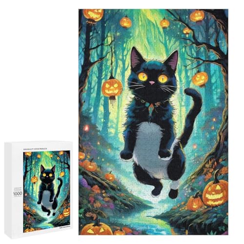 1000 teiliges Halloween Katzen Puzzle für Erwachsene Holzpuzzle Familienspiele (75 x 50 cm) von linghhiming