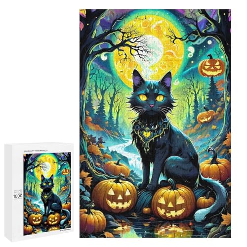 1000 teiliges Halloween Katzen Puzzle für Erwachsene Holzpuzzle Familienspiele (75 x 50 cm) von linghhiming
