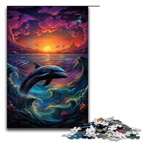 1000 teiliges Puzzle Psychedelischer Delfin in Farbe Holzpuzzle Lernspiele Heimdekoration 1000 Teile (75 x 50 cm) von linghhiming