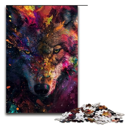 1000 teiliges Puzzle Psychedelischer bunter Planet Wolf Holzpuzzle Lernspiele Heimdekoration 1000 Teile (75 x 50 cm) von linghhiming