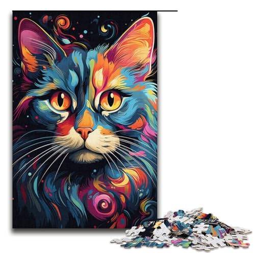 1000-teiliges Puzzle farbenfroh bizarres psychedelisches Katzen-Puzzle Papierpuzzle Lernspiele Heimdekoration 1000 Teile (38 x 26 cm) von linghhiming