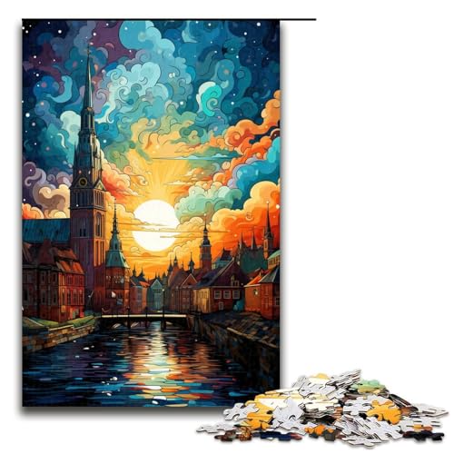 1000 teiliges Puzzle farbenfrohe psychedelische Stadt Puzzle für Erwachsene und Kinder Holzpuzzle pädagogisches Spielzeug zum Stressabbau (Größe 75 x 50 cm) von linghhiming