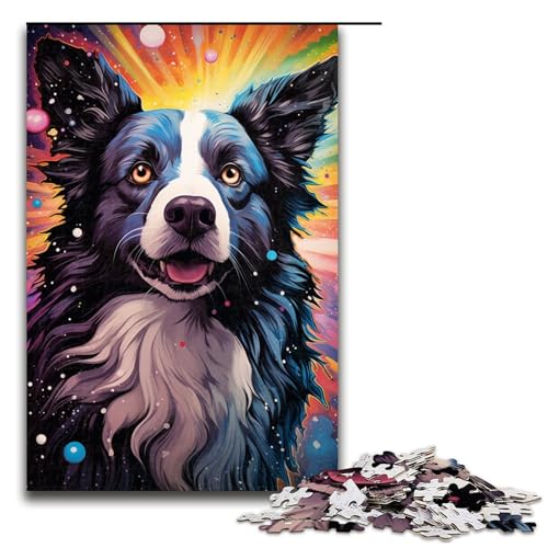 1000 teiliges Puzzle farbenfrohes psychedelisches Border Collie Puzzle für Erwachsene Holzpuzzle Familienspiel (Größe 75 x 50 cm) von linghhiming