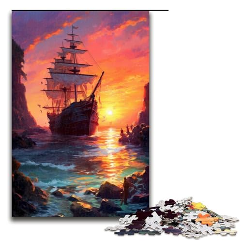 1000 teiliges Puzzle für Erwachsene Anime Sonnenuntergang Piratenschiff Holzpuzzle für Erwachsene und Kinder Stressabbau Tool 1000 Teile (75 x 50 cm) von linghhiming