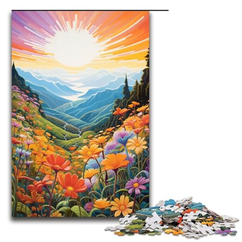 1000 teiliges Puzzle für Erwachsene Berge und Wildblumen bei Sonnenuntergang Holzpuzzle Lernspiel für Erwachsene Herausforderungsspielzeug 1000 Teile (75 x 50 cm) von linghhiming