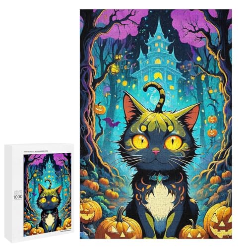 1000 teiliges Puzzle für Erwachsene Halloween Katze Holzpuzzle für Erwachsene und Kinder Stressabbau Tool (75 x 50 cm) von linghhiming