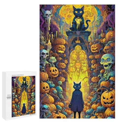 1000 teiliges Puzzle für Erwachsene Halloween Katze Holzpuzzle für Erwachsene und Kinder Stressabbau Tool (75 x 50 cm) von linghhiming
