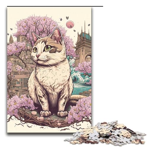1000 teiliges Puzzle für Erwachsene Katze Kirschblüte Japan Puzzle für Lernspiele Herausforderung Spielzeug Kunstwerk Geschenk (75 x 50 cm) von linghhiming