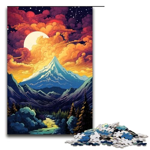 1000 teiliges Puzzle für Erwachsene farbenfrohes psychedelisches Aurora Sonnenuntergangs Bergpuzzle für Lernspiele Herausforderungsspielzeug Kunstwerk Geschenk (Größe 75 x 50 cm) von linghhiming