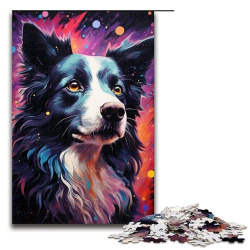 1000 teiliges Puzzle für Erwachsene farbenfrohes psychedelisches Border Collie Holzpuzzle Lernspiel für Erwachsene herausforderndes Spielzeug (Größe 75 x 50 cm) von linghhiming