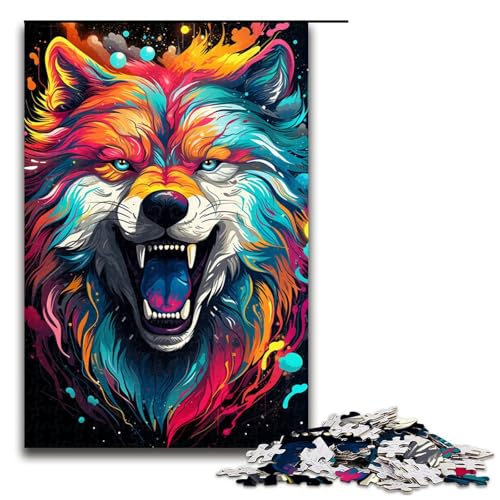 1000 teiliges Puzzle für Erwachsene farbenfrohes psychedelisches Fantasy Wolf Puzzle für die ganze Familie mit passendem Poster und Quizblatt (Größe 75 x 50 cm) von linghhiming