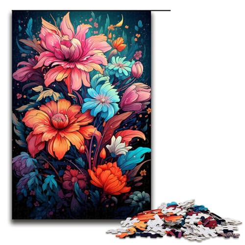 1000 teiliges Puzzle für Erwachsene farbenfrohes psychedelisches Neon Wildblumen Puzzle für Kinder Holzpuzzle Lernspiel für Erwachsene (Größe 75 x 50 cm) von linghhiming