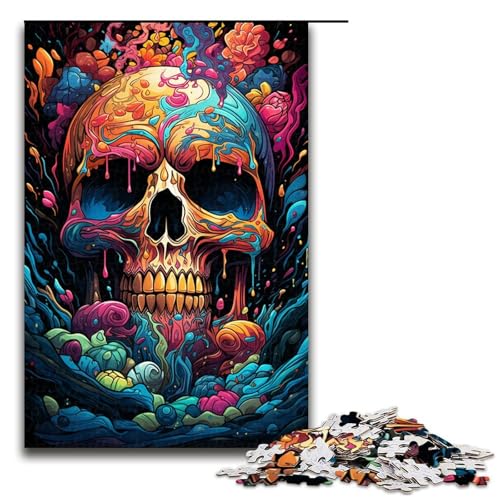 1000 teiliges Puzzle für Erwachsene farbenfrohes psychedelisches Totenkopf Holzpuzzle Lernspiel für Erwachsene herausforderndes Spielzeug (Größe 75 x 50 cm) von linghhiming