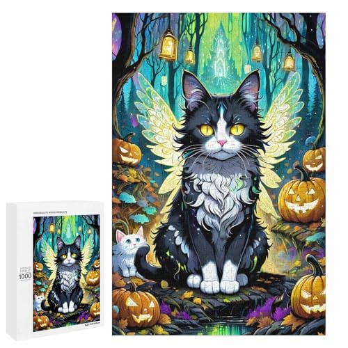 1000 teiliges Puzzle mit Halloween Katze Holzpuzzle für Erwachsene und Kinder pädagogisches Spielzeug zum Stressabbau (75 x 50 cm) von linghhiming