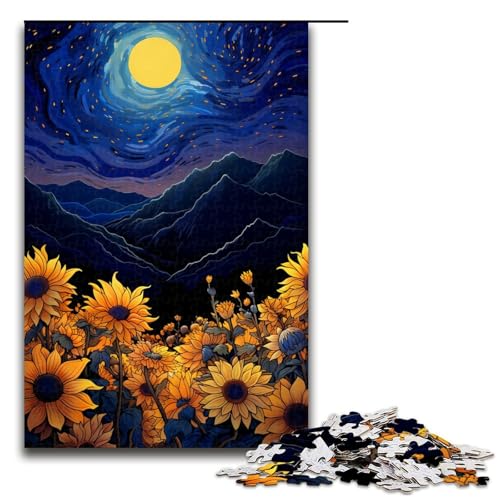 1000 teiliges Puzzle mit Sonnenblumen unter Nachtlicht für Kinder Holzpuzzle Heimkunstdekor 75 x 50 cm von linghhiming