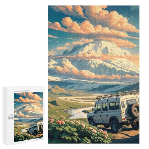 1000 teiliges Puzzle mit verschneiten Bergen und Autos für Kinder Holzpuzzle Heimkunstdekor (75 x 50 cm) von linghhiming
