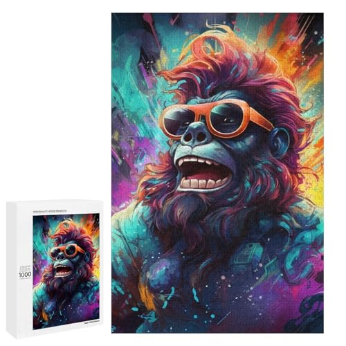 1000 teiliges buntes Gorilla Puzzle für Erwachsene runde Holzpuzzles für die ganze Familie (75 x 50 cm) von linghhiming