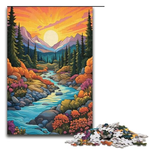 Berge und Wildblumen bei Sonnenuntergang 1000 teiliges Puzzle für Erwachsene Puzzle als Geschenk geeignet für Jugendliche ab 14 Jahren 1000 Teile (38 x 26 cm) von linghhiming