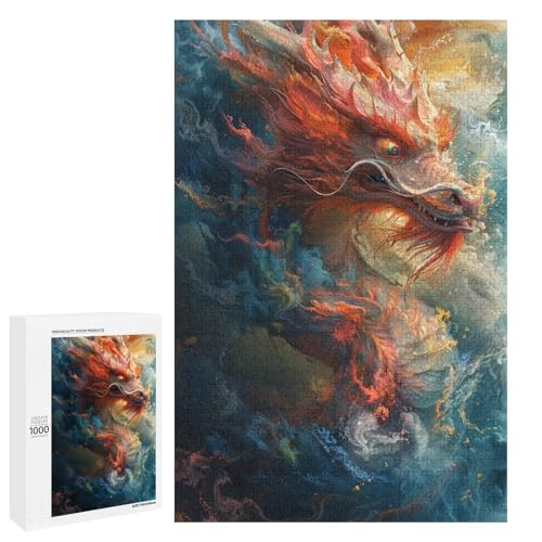 Jigsaw Puzzles für Erwachsene und Kinder 1000 Teile asiatischer chinesischer Drache rundes Holzpuzzle (75 x 50 cm) von linghhiming