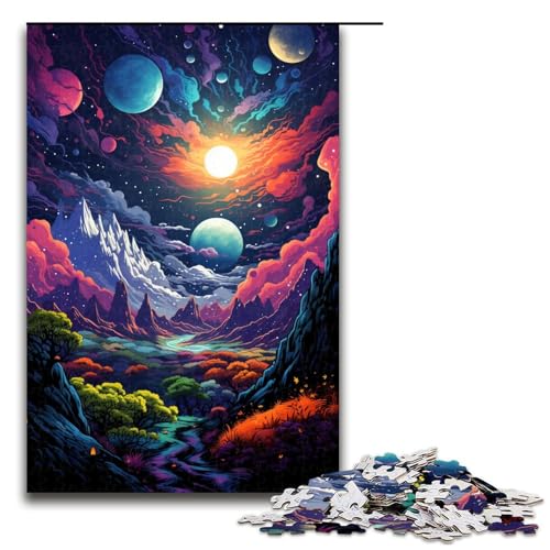 Puzzle „Bunte psychedelische Planetenlandschaft 1000 teiliges Puzzle aus Holz für Erwachsene und Kinder ab 14 Jahren lustiges Familienpuzzle (Größe 75 x 50 cm) von linghhiming