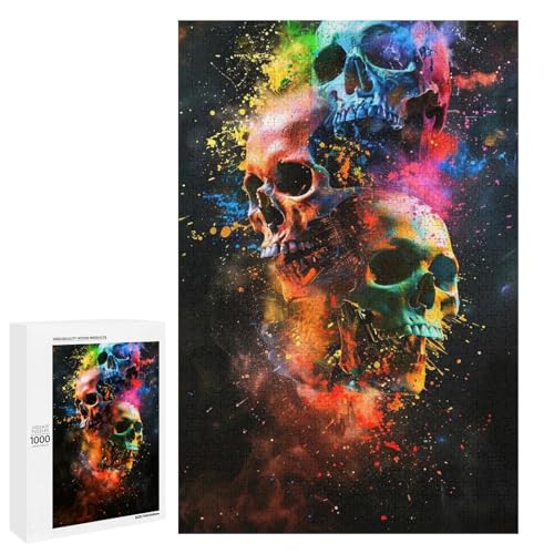 Puzzle „Farbiger Totenkopf“ 1000 Teile rund aus Holz für Erwachsene und Kinder ab 12 Jahren lustiges Familienpuzzle (75 x 50 cm) von linghhiming