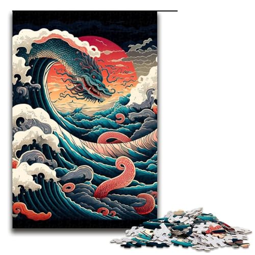 Puzzle 1000 Teile für Erwachsene „Drache vor Kanagawa praktisches Spiel einzigartige Heimdekoration und Geschenke (75 x 50 cm) von linghhiming