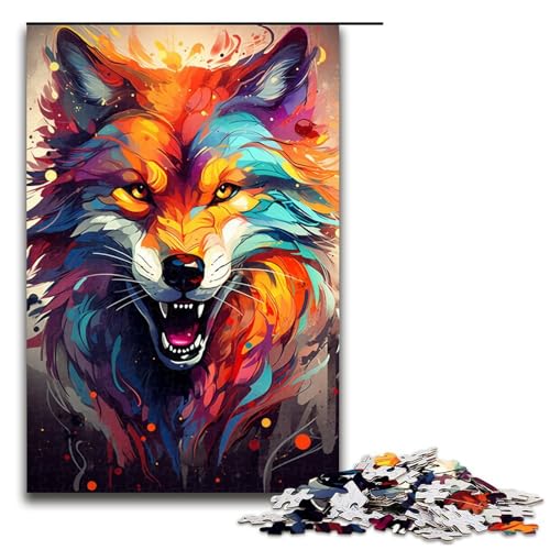 Puzzle farbenfroh Psychedelischer Feuerwolf 1000 Teile Holzpuzzle für Erwachsene und Kinder ab 14 Jahren lustiges Familienpuzzle (Größe 75 x 50 cm) von linghhiming