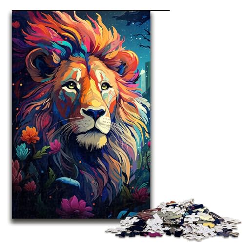 Puzzle farbenfroh psychedelisch süßer Regenbogenlöwe 1000 Teile Holzpuzzle für Erwachsene und Kinder ab 14 Jahren lustiges Familienpuzzle (Größe 75 x 50 cm) von linghhiming