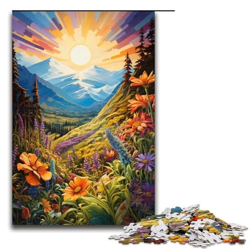 Puzzle für Erwachsene 1000 Teile Berglandschaft mit Wildblumen Holzpuzzle 1000 Teile (75 x 50 cm) von linghhiming
