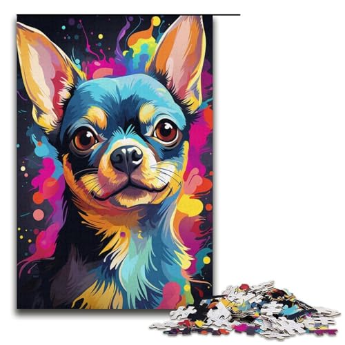 Puzzle für Erwachsene 1000 Teile Bunte Zeichnung eines Chihuahua-Hundes unmögliches Puzzle Familienspiel Stressabbau schwierige Herausforderung 1000 Teile (38 x 26 cm) von linghhiming