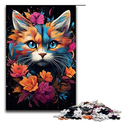 Puzzle für Erwachsene 1000 Teile Bunte exotische Blumenkatze Holzpuzzle 1000 Teile (75 x 50 cm) von linghhiming