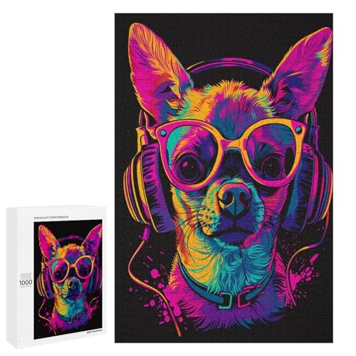 Puzzle für Erwachsene 1000 Teile Chihuahua DJ Neon Family Holzpuzzle Lernspiel Herausforderungsspielzeug 75x50cm von linghhiming