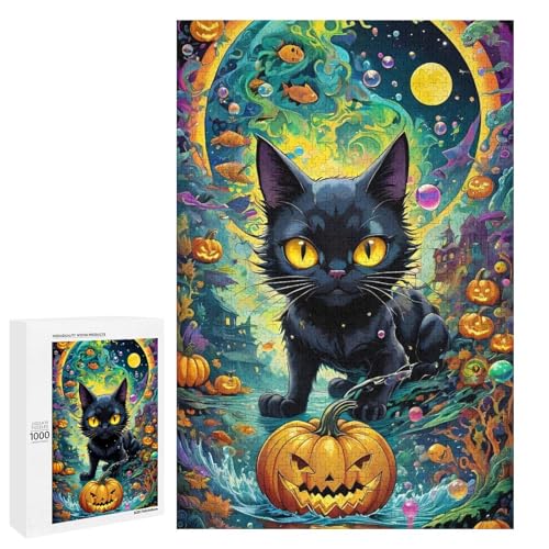 Puzzle für Erwachsene 1000 Teile Halloween Katzenfamilie Holzpuzzle Lernspiel Herausforderungsspielzeug (75 x 50 cm) von linghhiming