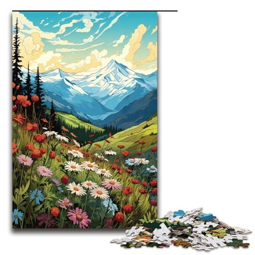 Puzzle für Erwachsene 1000 Teile Illustration Einer Berglandschaft mit Wildblumen Holzpuzzle 1000 Teile (75 x 50 cm) von linghhiming