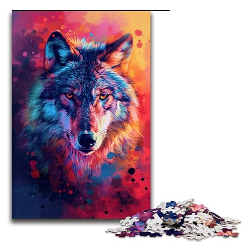 Puzzle für Erwachsene 1000 Teile Psychedelischer farbenfroher Kunstwolf Holzpuzzle 1000 Teile (75 x 50 cm) von linghhiming