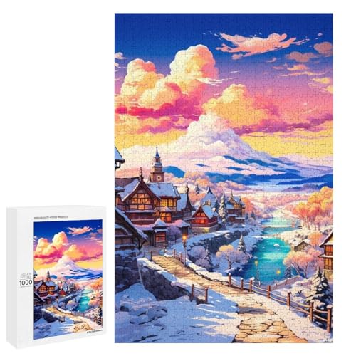 Puzzle für Erwachsene 1000 Teile Sonnenuntergang Winter Baumhaus Holzpuzzle (75 x 50 cm) von linghhiming