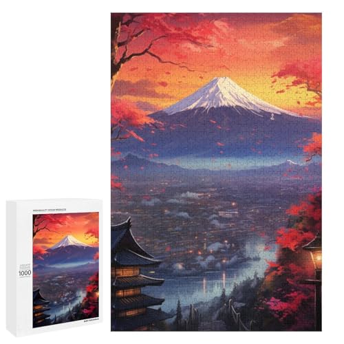 Puzzle für Erwachsene 1000 Teile Sonnenuntergang am Berg Fuji runde Holzpuzzles (75 x 50 cm) von linghhiming