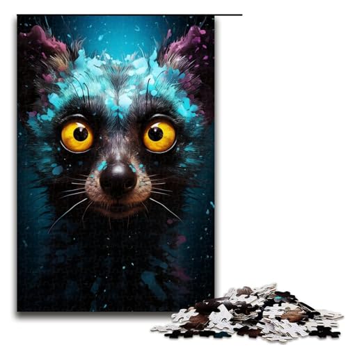 Puzzle für Erwachsene 1000 Teile farbenfrohe Psychedelia von Lemuren in Einer Sternennacht Holzpuzzle Lernspiel Herausforderungsspielzeug (Größe 75 x 50 cm) von linghhiming