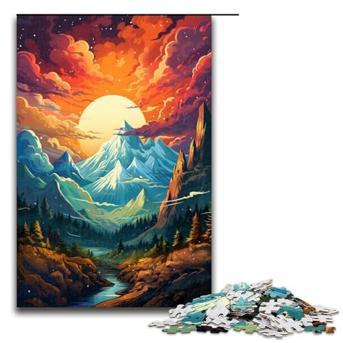 Puzzle für Erwachsene 1000 Teile farbenfrohes psychedelisches Aurora Sonnenuntergangs Bergpuzzle für Erwachsene Holzpuzzles Familienspiele Weihnachts und Geburtstagsgeschenke (Größe 75 x 50 cm) von linghhiming