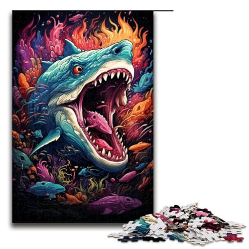 Puzzle für Erwachsene 1000 Teile farbenfrohes psychedelisches Hai Puzzle Lernspiele für Zuhause DIY Spielzeug tolles Geschenk für Spiele (Größe 75 x 50 cm) von linghhiming