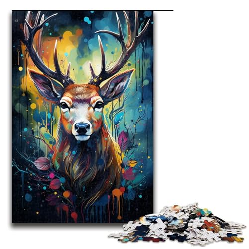 Puzzle für Erwachsene 1000 Teile farbenfrohes psychedelisches Hirsch Tier Puzzle lustiges Spielspielzeug (Größe 75 x 50 cm) von linghhiming