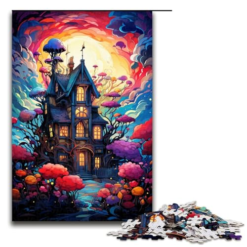 Puzzle für Erwachsene 1000 Teile farbenfrohes psychedelisches ästhetisches Pastellhaus Familien Holzpuzzle Lernspiel Herausforderungsspielzeug (Größe 75 x 50 cm) von linghhiming