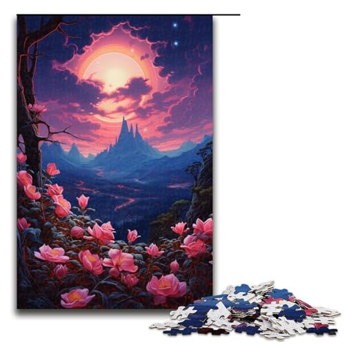 Puzzle für Erwachsene 1000 Teile rosa Blumen unter dem Mond Puzzlespiel lustiges Spielzeug 1000 Teile (75 x 50 cm) von linghhiming